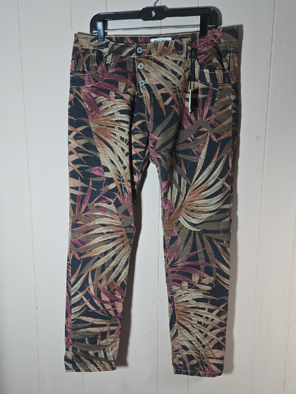 Please Italy Button Fly Leaf Womens XL Pants NWT